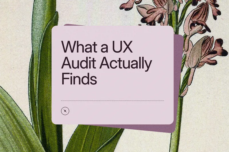 Blog cover: “What a UX Audit Actually Finds” on a lavender card over a vintage botanical engraving of an orchid
