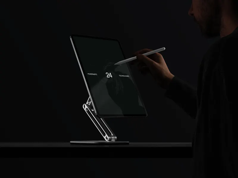 Powermatic® website on a tablet on an aluminium stand, a hand pointing a stylus at it in a dark room